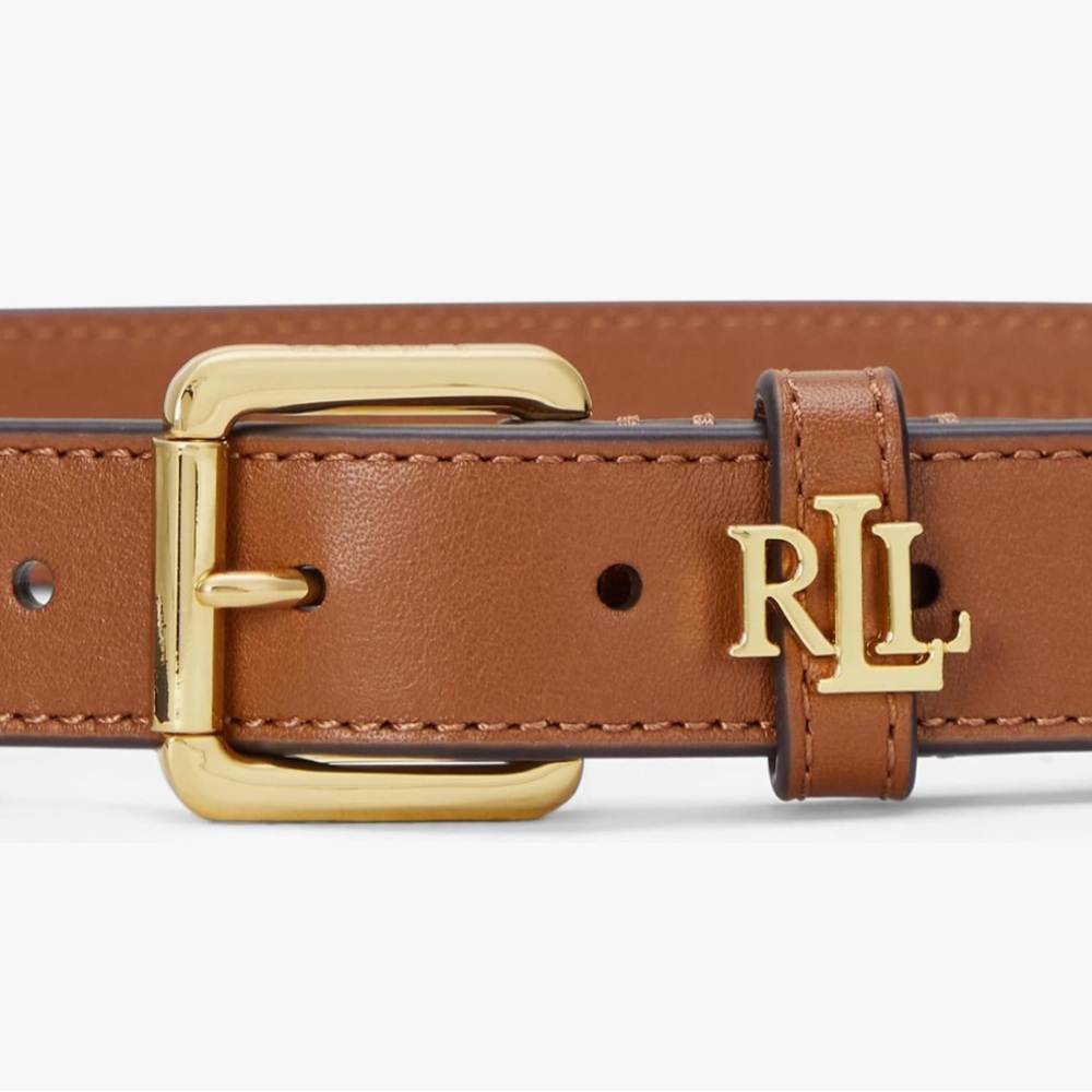 Ralph Lauren Tan Leather Skinny Belt with Gold Buckle Logo-Keeper
